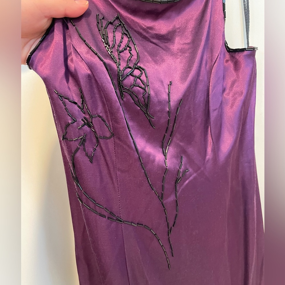 Satin purple dress with custom black beadwork. Great for prom or a night out.